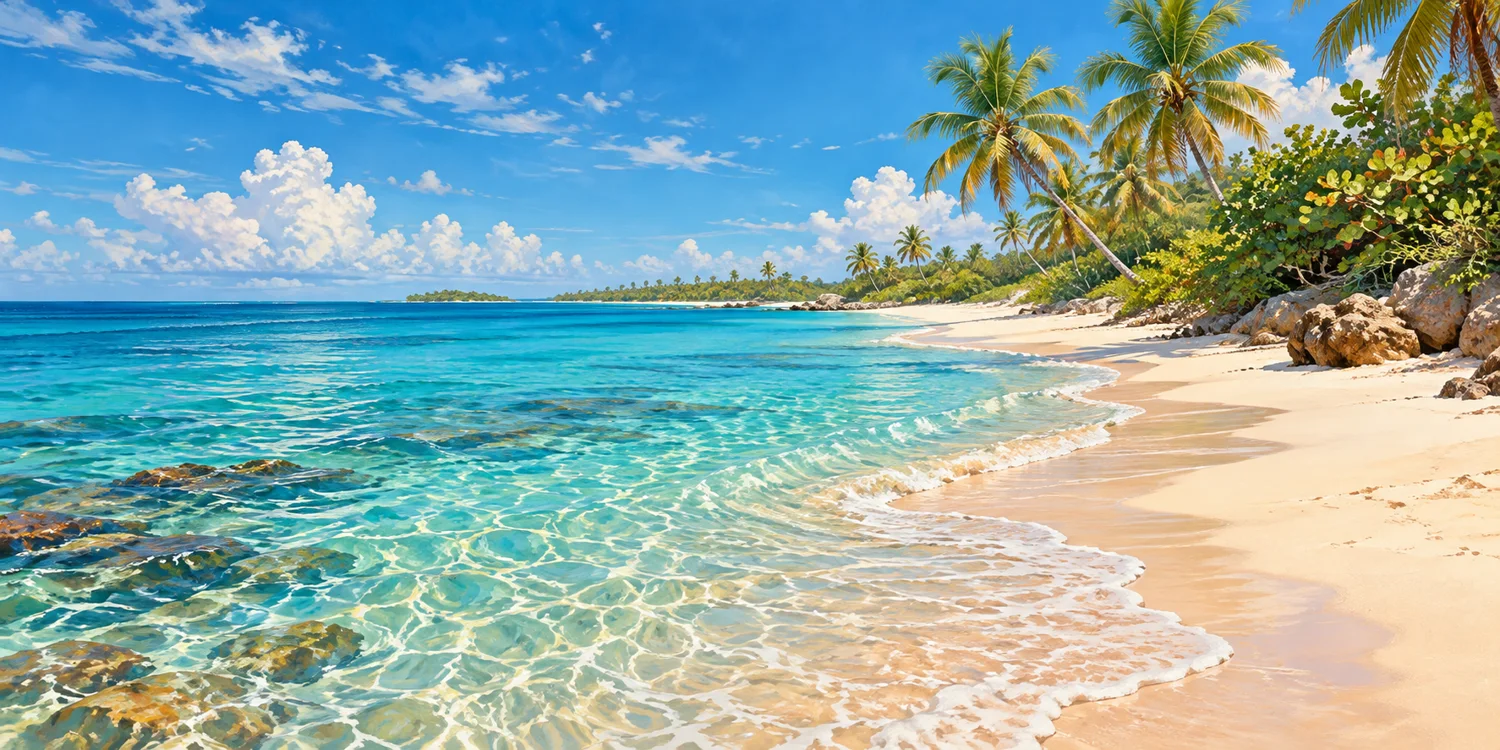 AI-generated coastal illustration of turquoise water, a sandy beach and palms