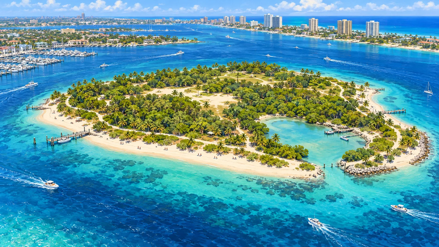 AI-generated artistic aerial view inspired by Peanut Island, with sandy shoreline and turquoise water