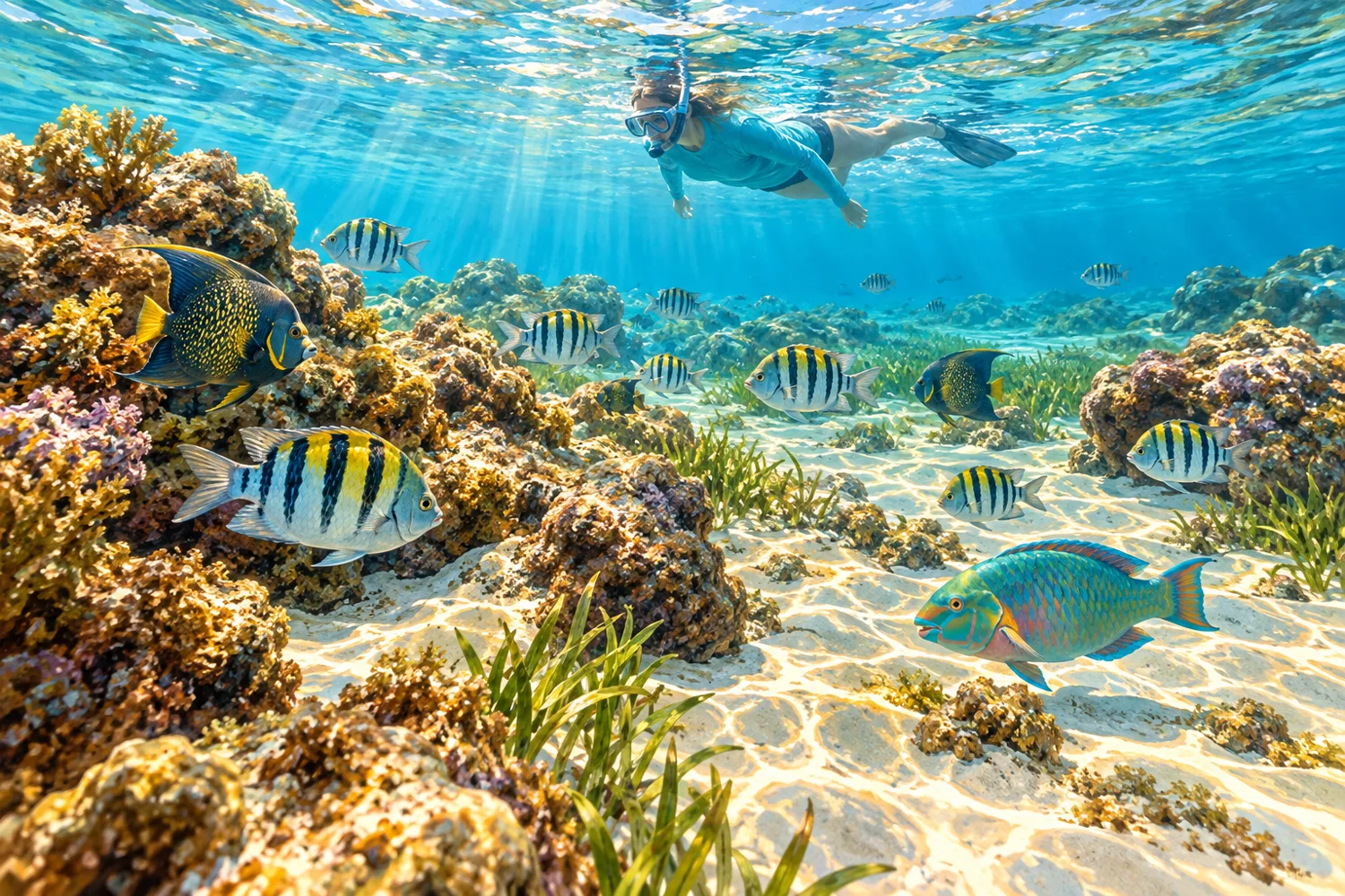AI-generated illustration of a snorkeler observing colorful fish in clear turquoise water